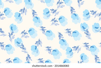 Seamless floral pattern based on traditional folk art ornaments. Colorful flowers on light background. Scandinavian style. Sweden nordic style. Vector illustration. Simple minimalistic pattern.