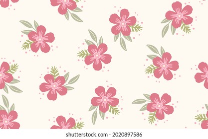 Seamless floral pattern based on traditional folk art ornaments. Colorful flowers on light background. Scandinavian style. Sweden nordic style. Vector illustration. Simple minimalistic pattern.
