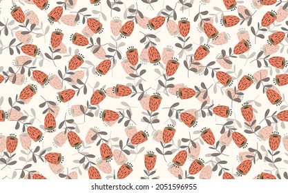 Seamless floral pattern based on traditional folk art ornaments. Colorful flowers on light background. Scandinavian style. Sweden nordic style. Vector illustration. Simple minimalistic pattern.