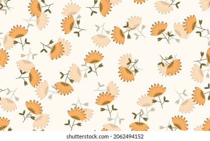 Seamless floral pattern based on traditional folk art ornaments. Colorful flowers on light background. Scandinavian style. Sweden nordic style. Vector illustration. Simple minimalistic pattern.
