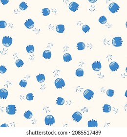 Seamless floral pattern based on traditional folk art ornaments. Colorful flowers on light background. Scandinavian style. Sweden nordic style. Vector illustration. Simple minimalistic pattern.
