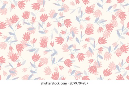 Seamless floral pattern based on traditional folk art ornaments. Colorful flowers on light background. Scandinavian style. Sweden nordic style. Vector illustration. Simple minimalistic pattern.