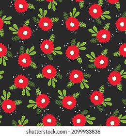 Seamless floral pattern based on traditional folk art ornaments. Colorful flowers on color background. Scandinavian style. Sweden nordic style. Vector illustration. Simple minimalistic pattern.