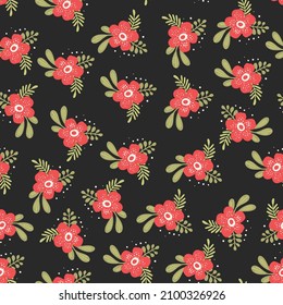 Seamless floral pattern based on traditional folk art ornaments. Colorful flowers on color background. Scandinavian style. Sweden nordic style. Vector illustration. Simple minimalistic pattern.