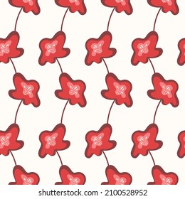 Seamless floral pattern based on traditional folk art ornaments. Colorful flowers on light background. Scandinavian style. Sweden nordic style. Vector illustration. Simple minimalistic pattern.