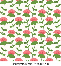 Seamless floral pattern based on traditional folk art ornaments. Colorful flowers on light background. Scandinavian style. Sweden nordic style. Vector illustration. Simple minimalistic pattern.