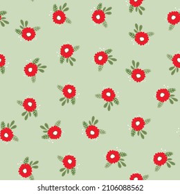 Seamless floral pattern based on traditional folk art ornaments. Colorful flowers on color background. Scandinavian style. Sweden nordic style. Vector illustration. Simple minimalistic pattern.