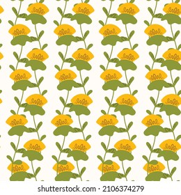 Seamless floral pattern based on traditional folk art ornaments. Colorful flowers on light background. Scandinavian style. Sweden nordic style. Vector illustration. Simple minimalistic pattern.