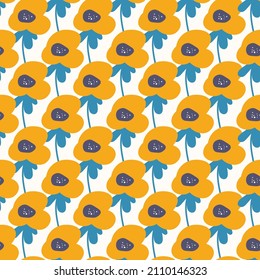 Seamless floral pattern based on traditional folk art ornaments. Colorful flowers on light background. Scandinavian style. Sweden nordic style. Vector illustration. Simple minimalistic pattern.