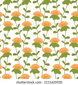 Seamless floral pattern based on traditional folk art ornaments. Colorful flowers on light background. Scandinavian style. Sweden nordic style. Vector illustration. Simple minimalistic pattern.