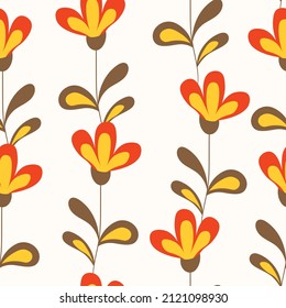 Seamless floral pattern based on traditional folk art ornaments. Colorful flowers on light background. Scandinavian style. Sweden nordic style. Vector illustration. Simple minimalistic pattern.