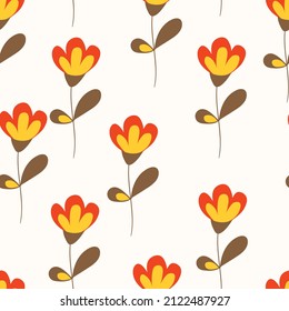 Seamless floral pattern based on traditional folk art ornaments. Colorful flowers on light background. Scandinavian style. Sweden nordic style. Vector illustration. Simple minimalistic pattern.