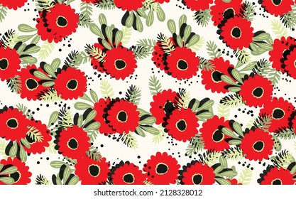 Seamless floral pattern based on traditional folk art ornaments. Colorful flowers on light background. Scandinavian style. Sweden nordic style. Vector illustration. Simple minimalistic pattern.