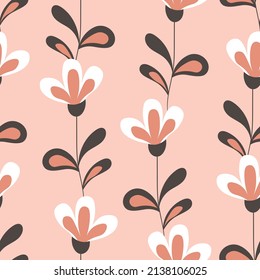 Seamless floral pattern based on traditional folk art ornaments. Colorful flowers on color background. Scandinavian style. Sweden nordic style. Vector illustration. Simple minimalistic pattern.