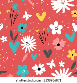 Seamless floral pattern based on traditional folk art ornaments. Colorful flowers on color background. Scandinavian style. Sweden nordic style. Vector illustration. Simple minimalistic pattern.