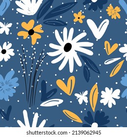 Seamless floral pattern based on traditional folk art ornaments. Colorful flowers on color background. Scandinavian style. Sweden nordic style. Vector illustration. Simple minimalistic pattern.