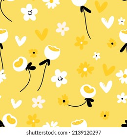Seamless floral pattern based on traditional folk art ornaments. Colorful flowers on color background. Scandinavian style. Sweden nordic style. Vector illustration. Simple minimalistic pattern.