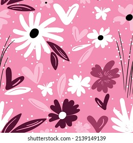 Seamless floral pattern based on traditional folk art ornaments. Colorful flowers on color background. Scandinavian style. Sweden nordic style. Vector illustration. Simple minimalistic pattern.