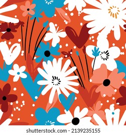 Seamless floral pattern based on traditional folk art ornaments. Colorful flowers on color background. Scandinavian style. Sweden nordic style. Vector illustration. Simple minimalistic pattern.