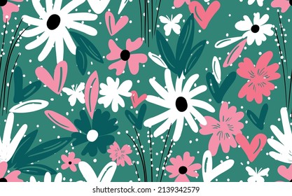 Seamless floral pattern based on traditional folk art ornaments. Colorful flowers on color background. Scandinavian style. Sweden nordic style. Vector illustration. Simple minimalistic pattern.