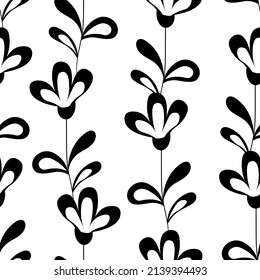 Seamless floral pattern based on traditional folk art ornaments. Black flowers on white background. Scandinavian style. Sweden nordic style. Monochrome vector illustration for fabric, textile.