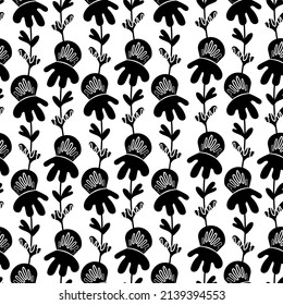 Seamless floral pattern based on traditional folk art ornaments. Black flowers on white background. Scandinavian style. Sweden nordic style. Monochrome vector illustration for fabric, textile.