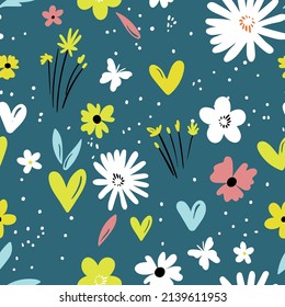 Seamless floral pattern based on traditional folk art ornaments. Colorful flowers on color background. Scandinavian style. Sweden nordic style. Vector illustration. Simple minimalistic pattern.