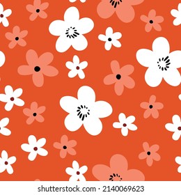 Seamless floral pattern based on traditional folk art ornaments. Colorful flowers on color background. Scandinavian style. Sweden nordic style. Vector illustration. Simple minimalistic pattern.