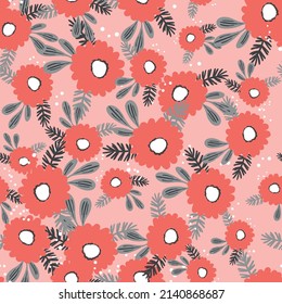 Nahtlose Blumenmuster auf der Grundlage traditioneller Volkskunst-Ornamente. Farbige Blumen auf buntem Hintergrund. Skandinavischer Stil. Schweden nordischen Stil. Vektorgrafik. Einfaches minimalistisches Muster.