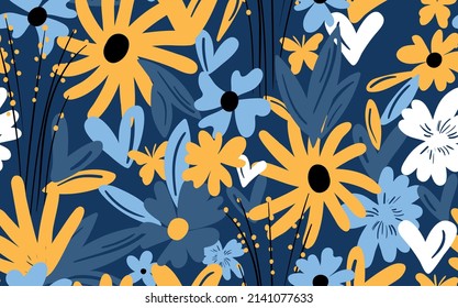 Seamless floral pattern based on traditional folk art ornaments. Colorful flowers on color background. Scandinavian style. Sweden nordic style. Vector illustration. Simple minimalistic pattern.