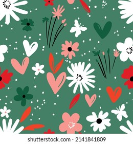 Seamless floral pattern based on traditional folk art ornaments. Colorful flowers on color background. Scandinavian style. Sweden nordic style. Vector illustration. Simple minimalistic pattern.