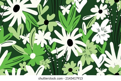 Seamless floral pattern based on traditional folk art ornaments. Colorful flowers on color background. Scandinavian style. Sweden nordic style. Vector illustration. Simple minimalistic pattern.