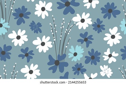 Seamless floral pattern based on traditional folk art ornaments. Colorful flowers on color background. Scandinavian style. Sweden nordic style. Vector illustration. Simple minimalistic pattern.