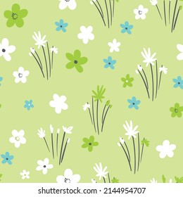 Seamless floral pattern based on traditional folk art ornaments. Colorful flowers on color background. Scandinavian style. Sweden nordic style. Vector illustration. Simple minimalistic pattern.