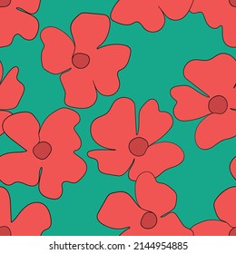 Seamless floral pattern based on traditional folk art ornaments. Colorful flowers on color background. Scandinavian style. Sweden nordic style. Vector illustration. Simple minimalistic pattern.