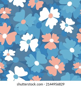 Seamless floral pattern based on traditional folk art ornaments. Colorful flowers on color background. Scandinavian style. Sweden nordic style. Vector illustration. Simple minimalistic pattern.