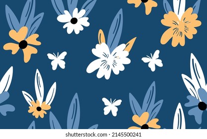 Seamless floral pattern based on traditional folk art ornaments. Colorful flowers on color background. Scandinavian style. Sweden nordic style. Vector illustration. Simple minimalistic pattern.