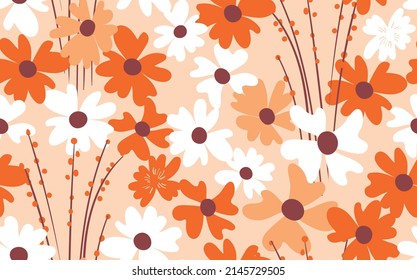 Nahtlose Blumenmuster auf der Grundlage traditioneller Volkskunst-Ornamente. Farbige Blumen auf buntem Hintergrund. Skandinavischer Stil. Schweden nordischen Stil. Vektorgrafik. Einfaches minimalistisches Muster.