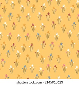 Patrón floral sin foco basado en ornamentos tradicionales de arte folclórico. Flores coloridas sobre el fondo del color. Estilo escandinavo. Estilo nórdico de Suecia. Ilustración vectorial. Simple patrón minimalista.