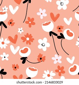 Seamless floral pattern based on traditional folk art ornaments. Colorful flowers on color background. Scandinavian style. Sweden nordic style. Vector illustration. Simple minimalistic pattern.