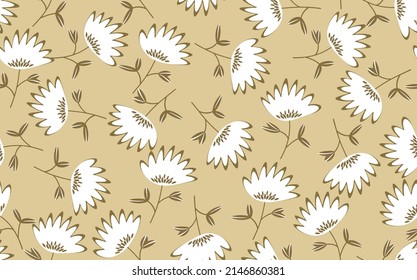Seamless floral pattern based on traditional folk art ornaments. Colorful flowers on color background. Scandinavian style. Sweden nordic style. Vector illustration. Simple minimalistic pattern.