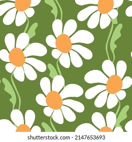 Seamless floral pattern based on traditional folk art ornaments. Colorful chamomile, daisy flowers on color background. Scandinavian style. Vector illustration. Simple minimalistic pattern.