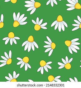 Seamless floral pattern based on traditional folk art ornaments. Colorful chamomile, daisy flowers on color background. Scandinavian style. Vector illustration. Simple minimalistic pattern.
