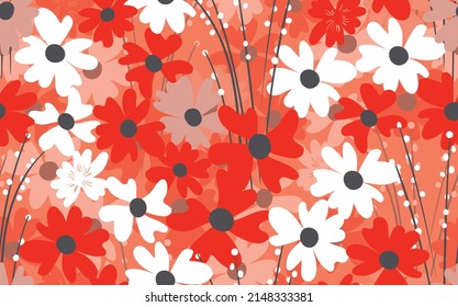 Seamless floral pattern based on traditional folk art ornaments. Colorful flowers on color background. Scandinavian style. Sweden nordic style. Vector illustration. Simple minimalistic pattern.