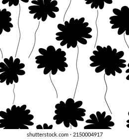 Seamless floral pattern based on traditional folk art ornaments. Black flowers on white background. Scandinavian style. Sweden nordic style. Monochrome vector illustration for fabric, textile.