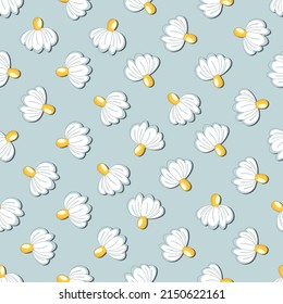 Seamless floral pattern based on traditional folk art ornaments. Colorful chamomile, daisy flowers on color background. Scandinavian style. Vector illustration. Simple minimalistic pattern.