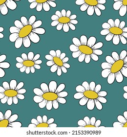 Seamless floral pattern based on traditional folk art ornaments. Colorful chamomile, daisy flowers on color background. Doodle style. Vector illustration. Simple minimalistic pattern.