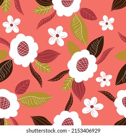 Seamless floral pattern based on traditional folk art ornaments. Colorful flowers on color background. Scandinavian style. Sweden nordic style. Vector illustration. Simple minimalistic pattern.