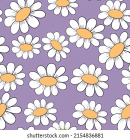 Seamless floral pattern based on traditional folk art ornaments. Colorful chamomile, daisy flowers on color background. Doodle style. Vector illustration. Simple minimalistic pattern.