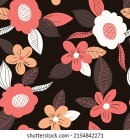 Seamless floral pattern based on traditional folk art ornaments. Colorful flowers on color background. Scandinavian style. Sweden nordic style. Vector illustration. Simple minimalistic pattern.